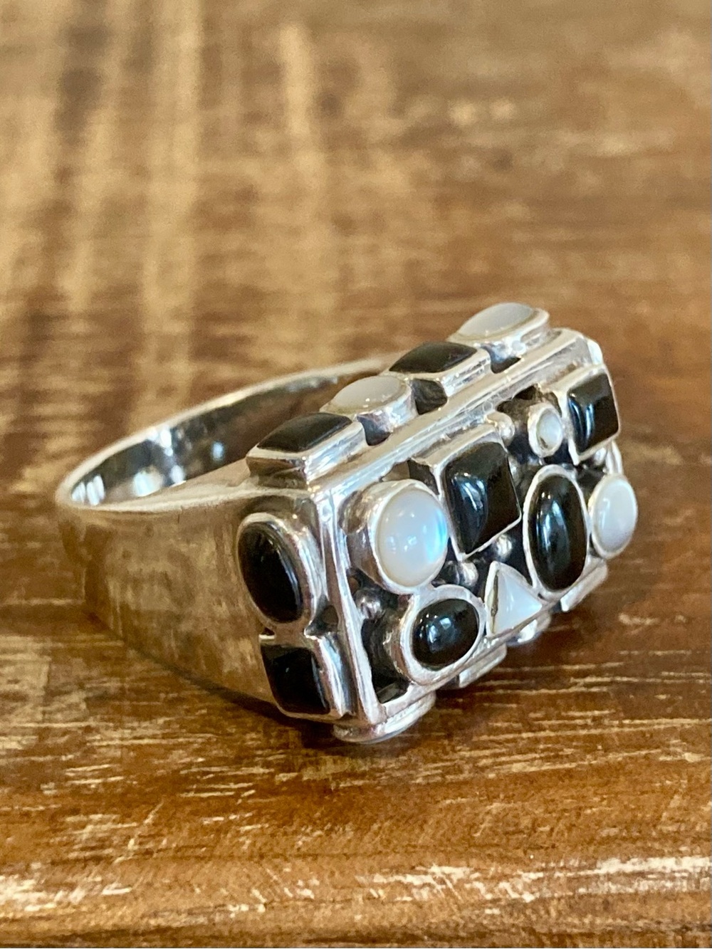 Sterling Silver Black and White Chunky Statement Ring Size 6.75